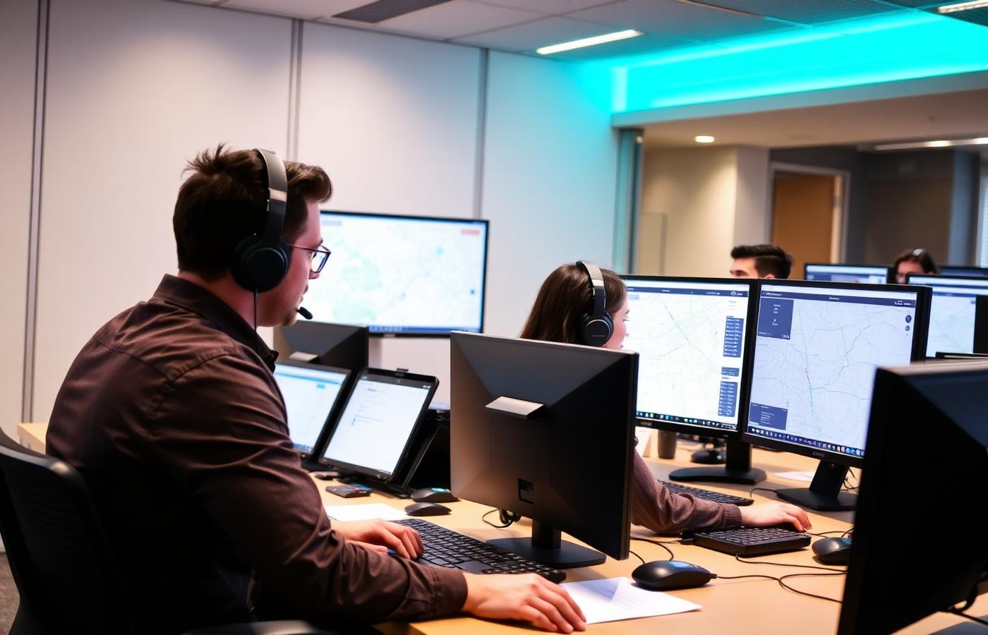 Dispatchers monitoring routes and live vehicle maps on multiple screens